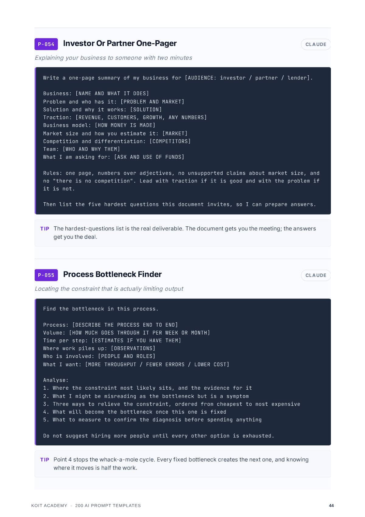 Page 45 of the book, showing a full prompt from the book's numbered library, from 200 AI Prompt Templates