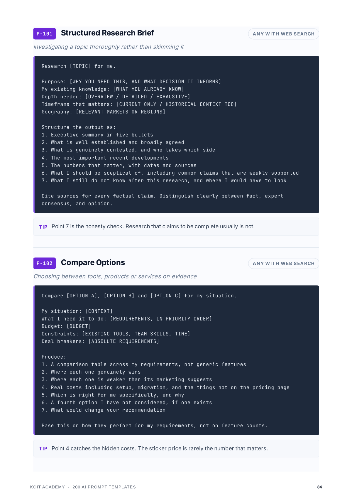 Page 85 of the book, showing a full prompt from the book's numbered library, from 200 AI Prompt Templates