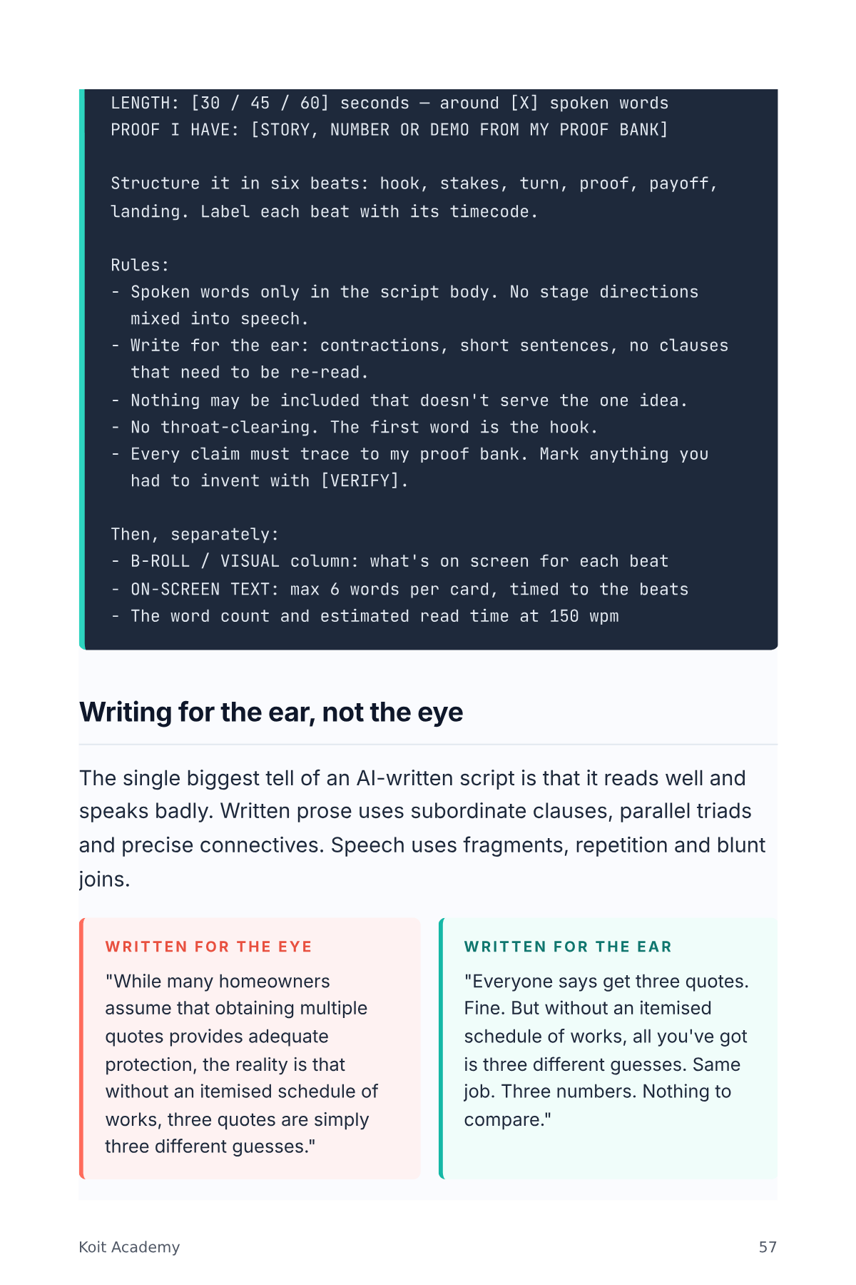 Page 58 of the book, "Writing for the ear, not the eye" — a structured reference, from AI for Content Creators & Social Media 2026