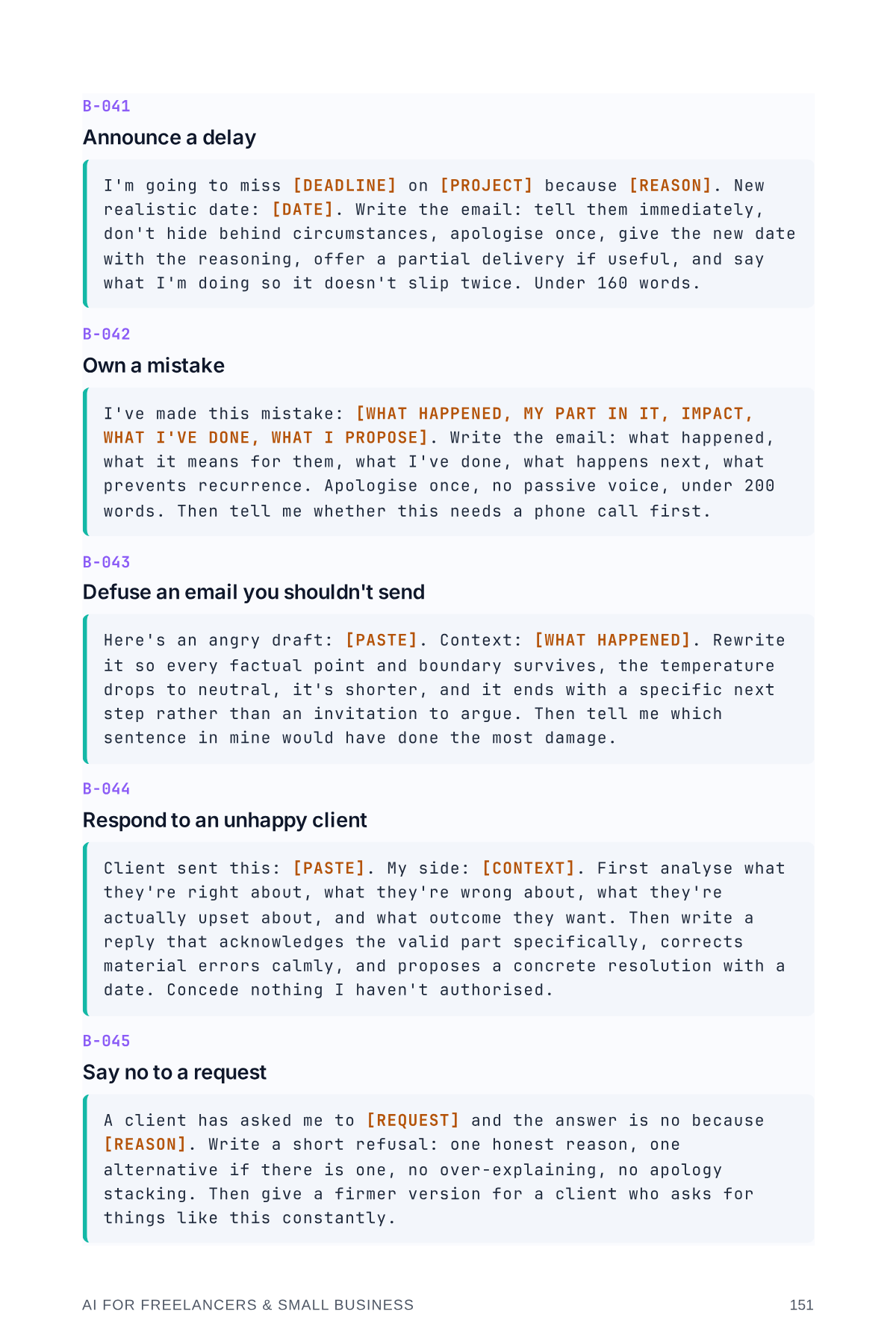Page 152 of the book, showing a full prompt from the book's numbered library, from AI for Freelancers & Small Business 2026