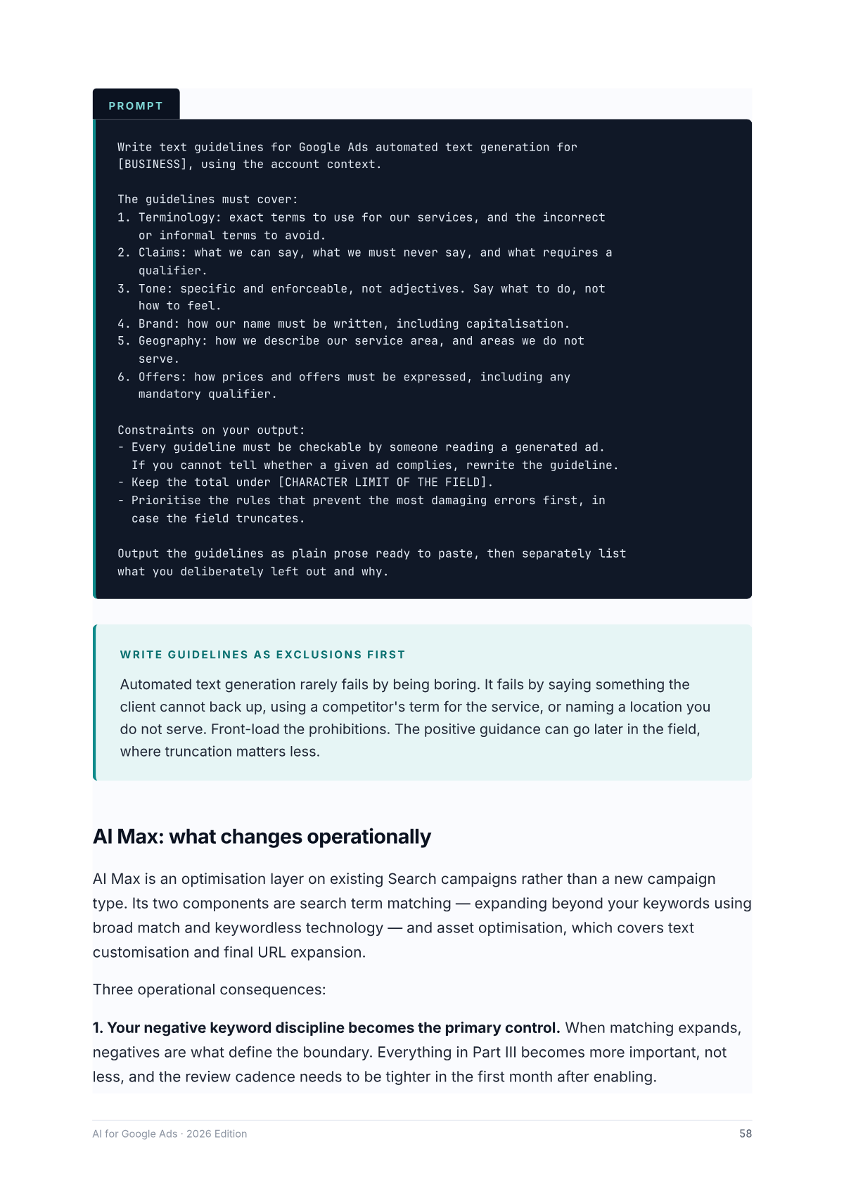 Page 58 of the book, "AI Max: what changes operationally" — a full prompt from the book's numbered library, from AI for Google Ads 2026