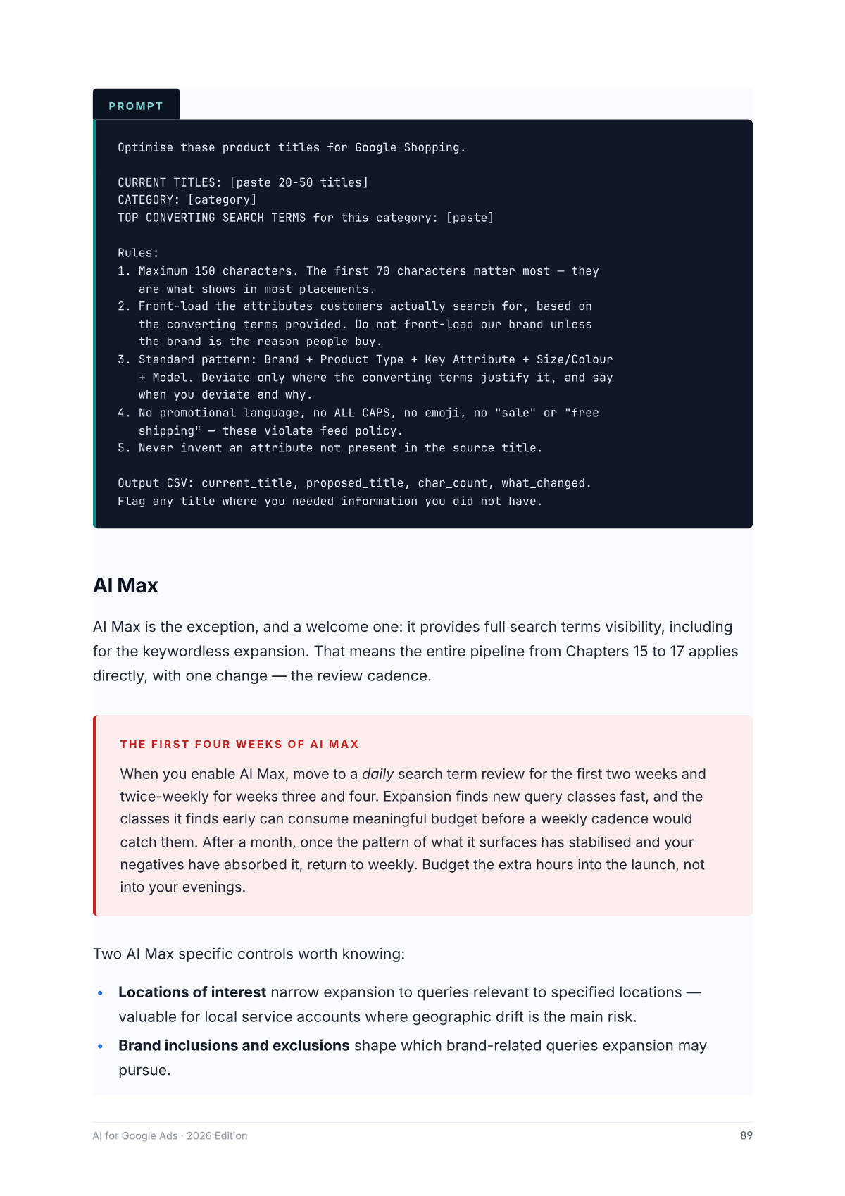 Page 89 of the book, showing a full prompt from the book's numbered library, from AI for Google Ads 2026