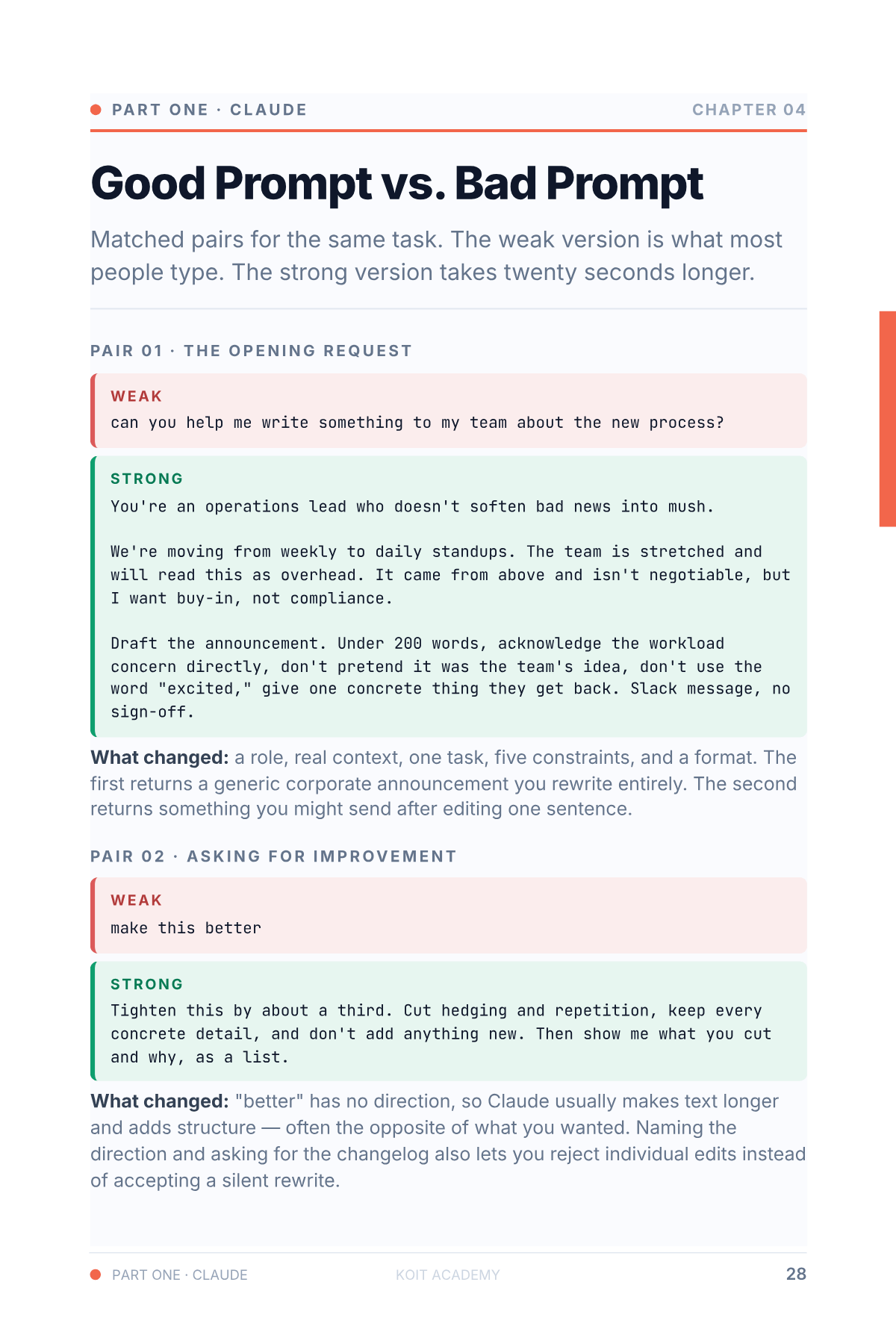 Page 28 of the book, "Good Prompt vs. Bad Prompt" — a weak version and the improved version side by side, from AI Starter Pack
