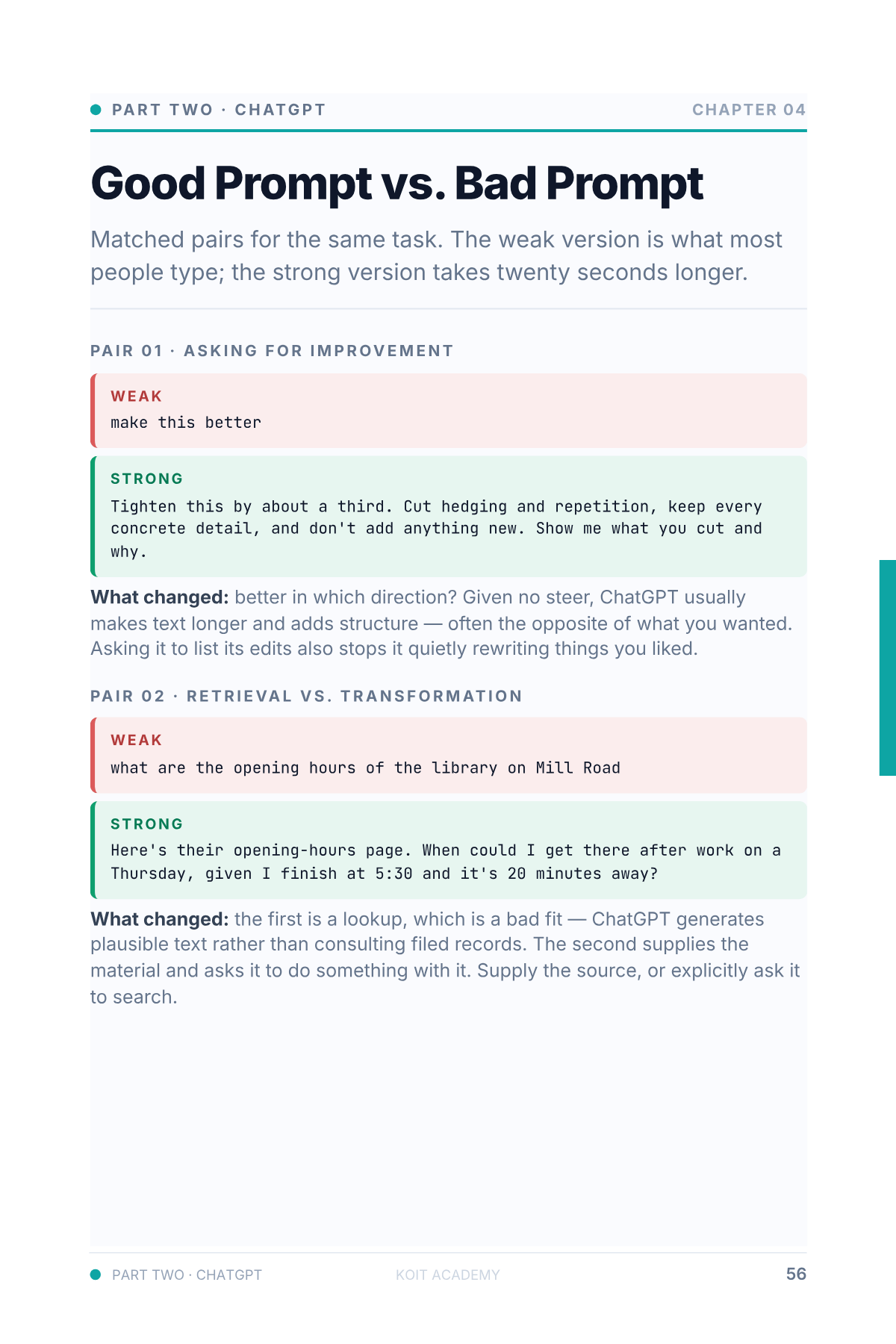 Page 56 of the book, "Good Prompt vs. Bad Prompt" — a weak version and the improved version side by side, from AI Starter Pack