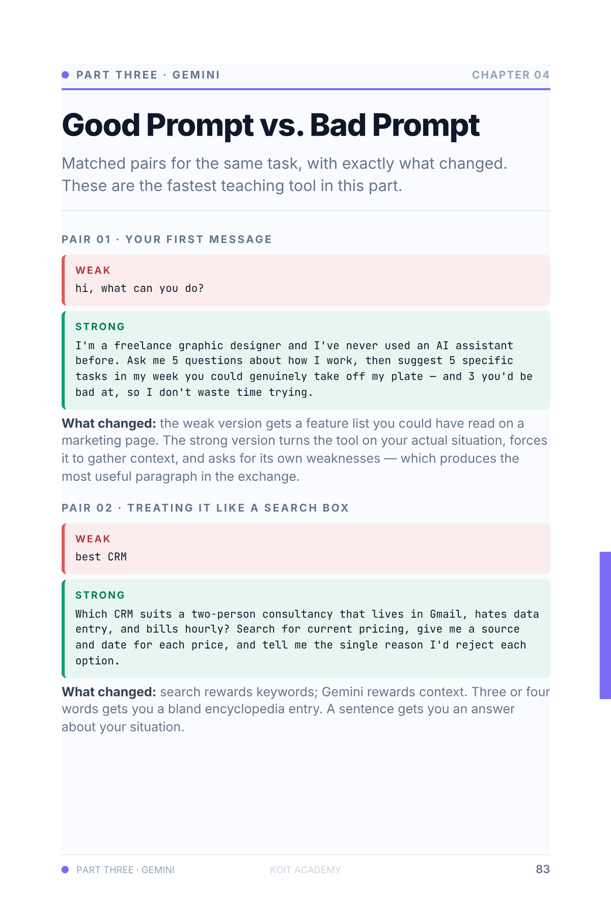 Page 83 of the book, "Good Prompt vs. Bad Prompt" — a weak version and the improved version side by side, from AI Starter Pack