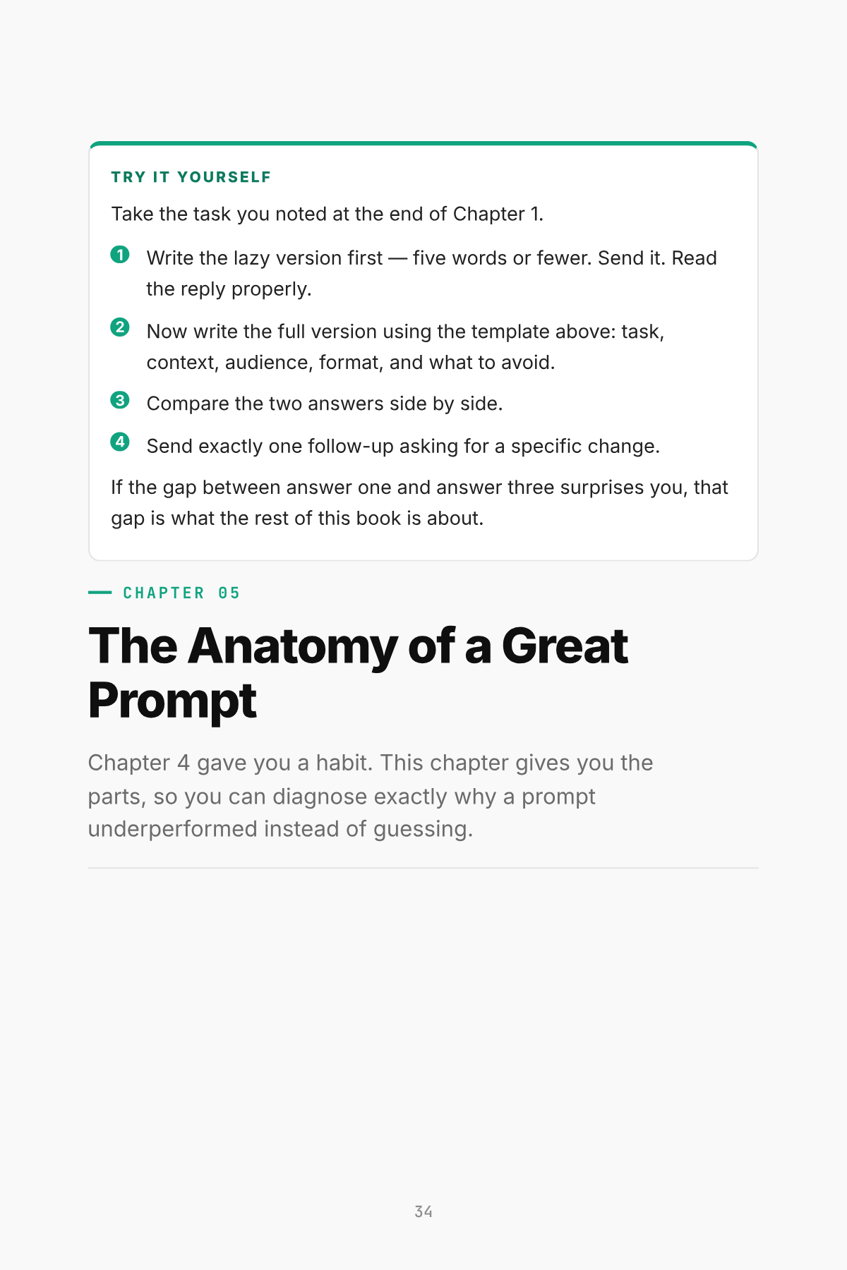 Page 34 of the book, "The Anatomy of a Great" — a full prompt from the book's numbered library, from Mastering ChatGPT