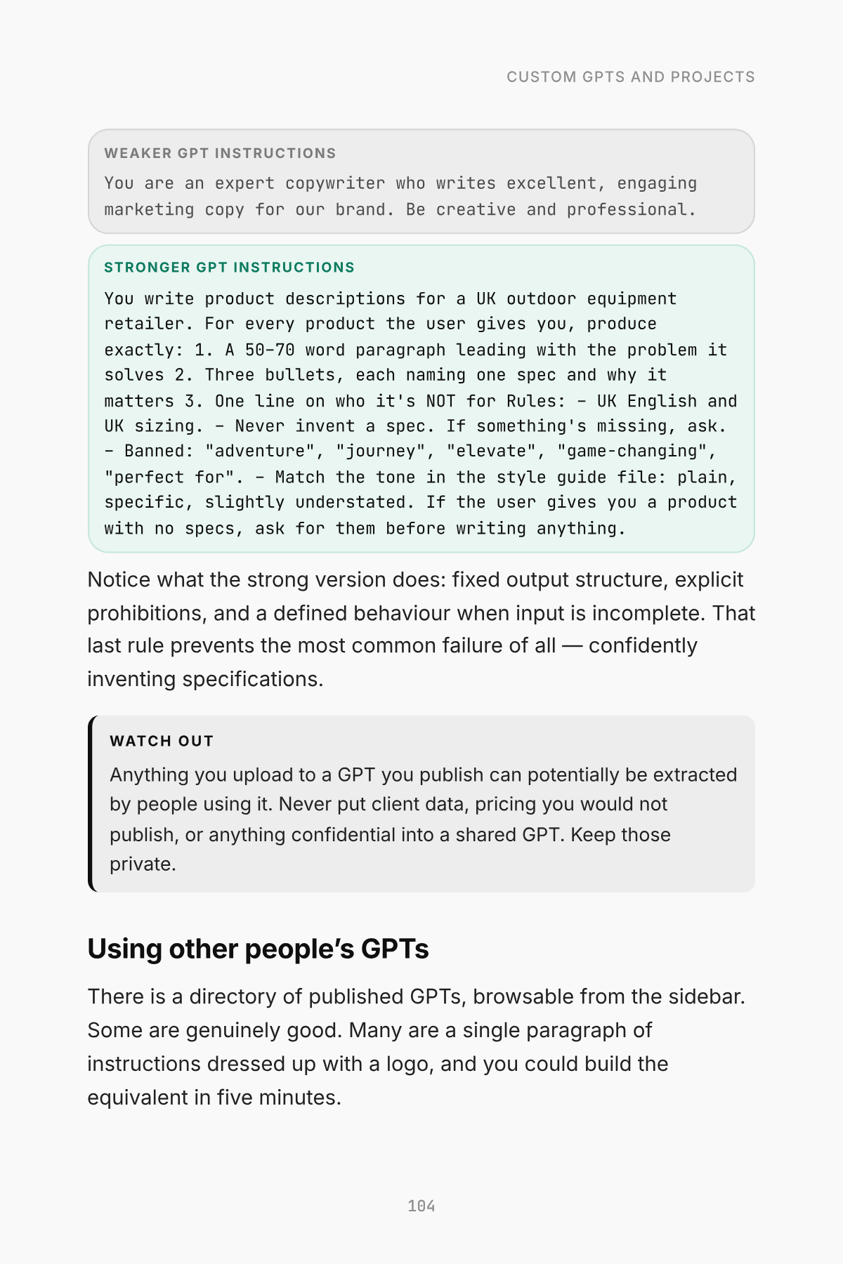 Page 104 of the book, "Using other people" — body text and a worked example, from Mastering ChatGPT