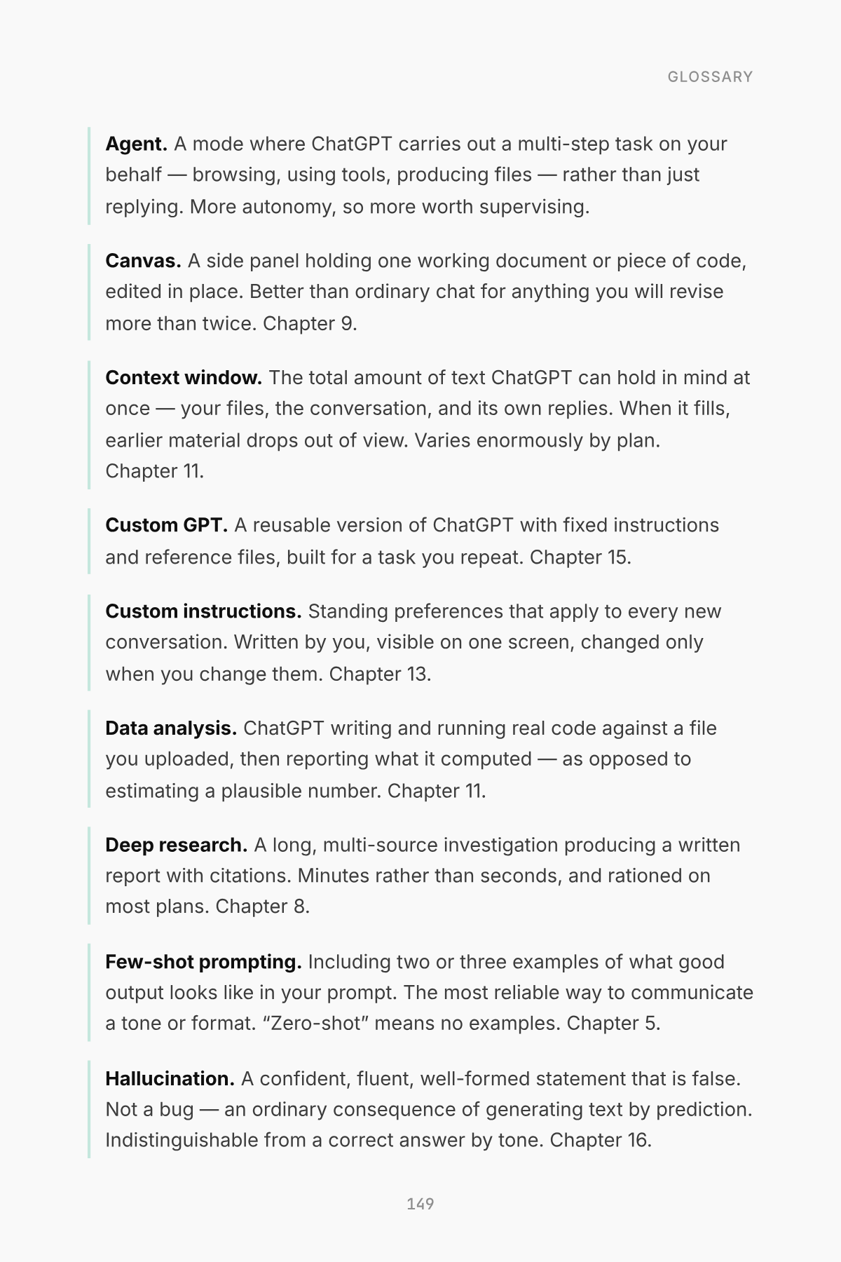 Page 149 of the book, showing body text and a worked example, from Mastering ChatGPT