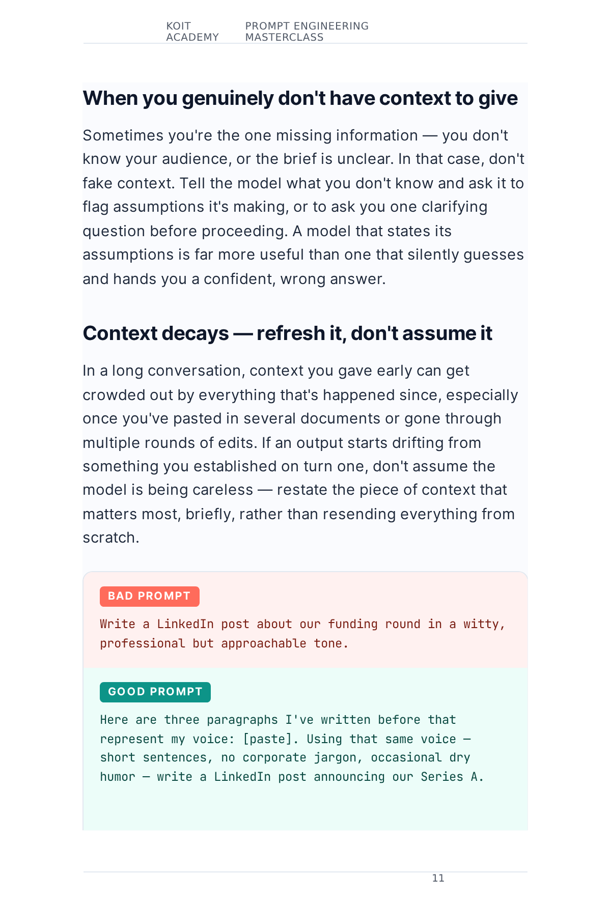 Page 12 of the book, "When you genuinely don't have context to give" — a weak version and the improved version side by side, from Prompt Engineering Masterclass 2026